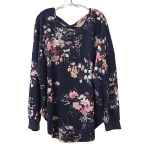SHEIN Navy Blue Floral Long Sleeve Top Drop Shoulder Criss Cross Back Size 4XL